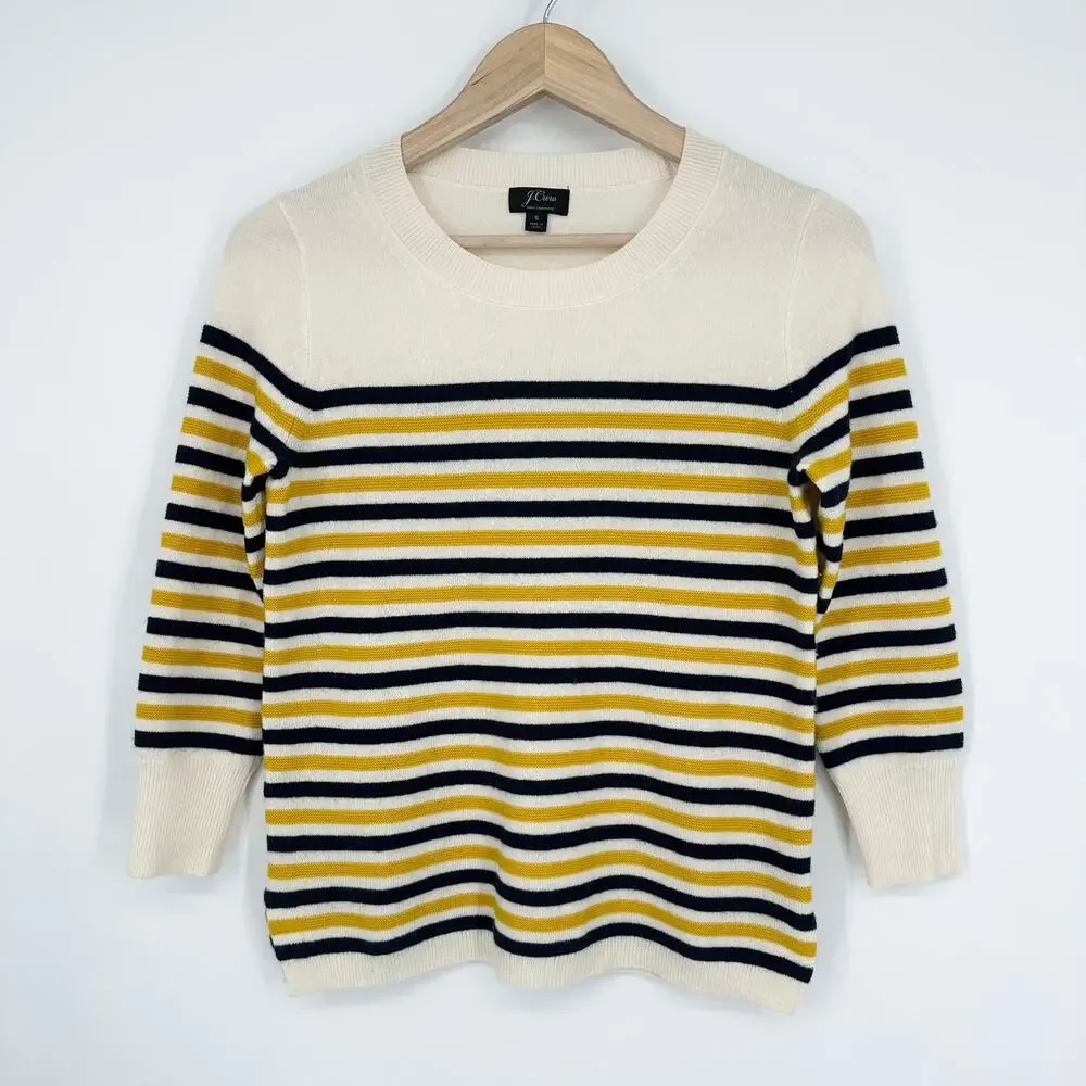 J. Crew 100% Cashmere Everyday Striped Crew Neck Sweater 3/4 Sleeve Preppy